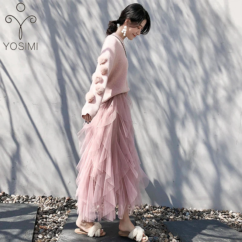 YOSIMI/женская одежда из двух предметов осенний свободный хлопковый пуловер с длинными рукавами розовый свитер с v-образным вырезом и сетчатая юбка эластичные до середины икры