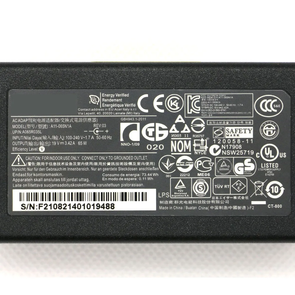 19V 3.42A 65W 5,5*1,7mm Chicony адаптер переменного тока для ACER Gateway MS2285 MS2274 NV78 CPA09-A065N1 A065R035L A11-065N1A зарядное устройство для ноутбука