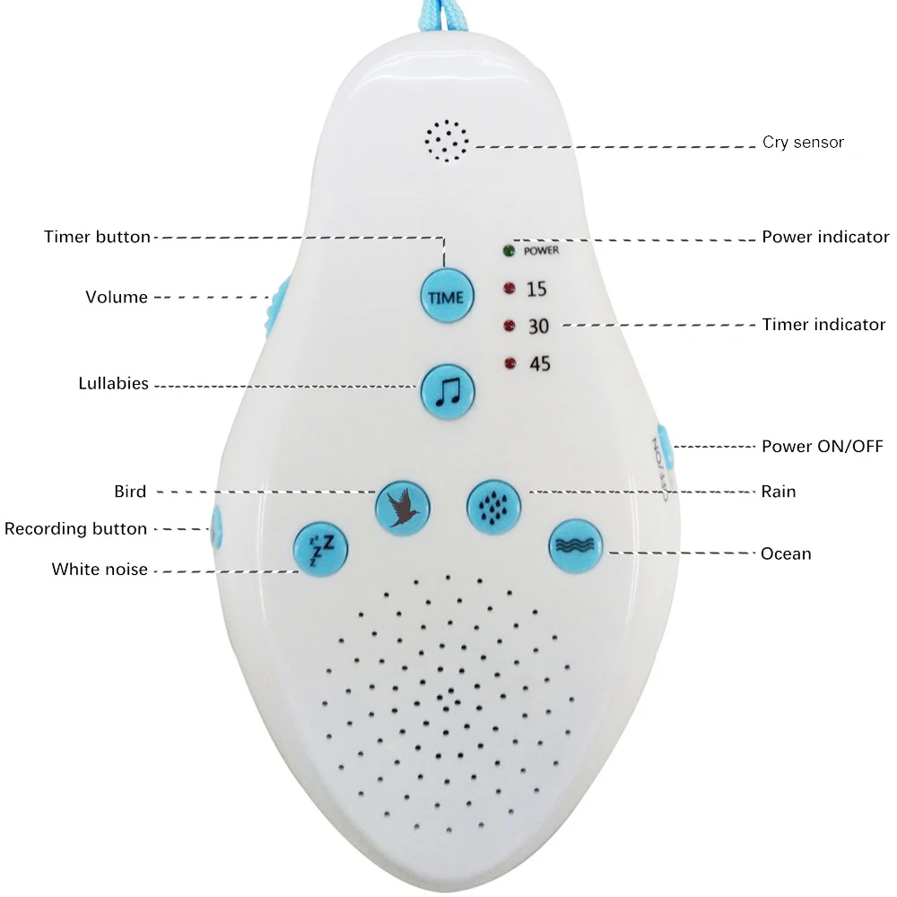 Высококачественная детская белая шумовая машина, соска для сна, звукозапись, голосовой датчик с 8 успокаивающим звуком, автоотключение, таймер для ухода за ребенком