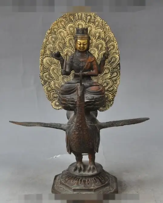 

S01334 12"tibet Buddhism Bronze Gilt Joss 4 Arms Chenrezig guan Yin ride Peacock Statue B0403