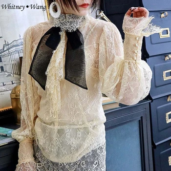 

WHITNEY WANG 2019 Spring Autumn Fashion Streetwear Vintage Puff Sleeve Colors Contras Bow Lace Blouse Women blusas Shirt Tops