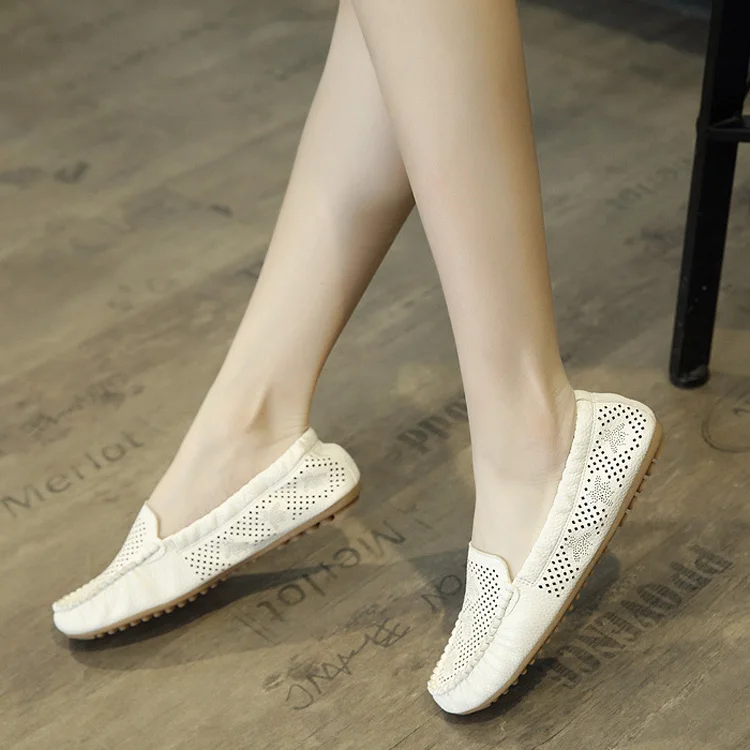 Woman Loafers PU Leather Shoes for Mother Flat with Sewing Summer Women's White Shoes Breathable Hollow Ballet Flats Black Beige (7)