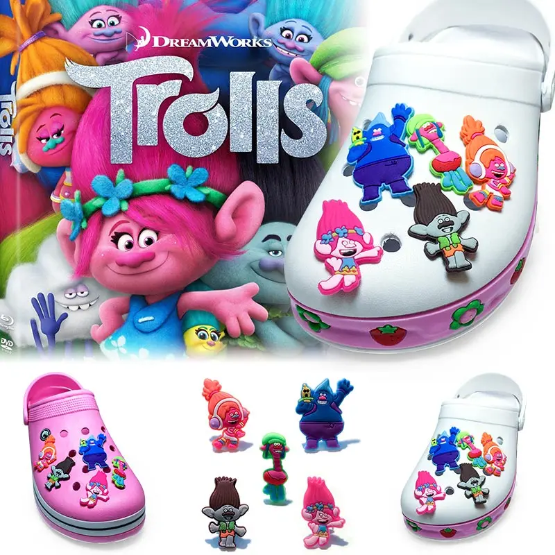 

Free Shipping 5-10PCS Trolls PVC Shoe Charms Shoe Buckle Accessories for Decoration For Bracelet with hole Kids Gifts