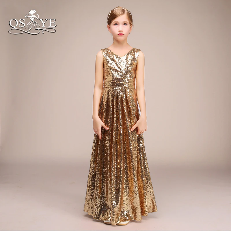 QSYYE 2018 Vonken Gouden Bloem Meisje Jurken V-hals Pleats Floor Lengte Pailletten Meisjes Prom Party Gown Custom Made QSYYE 2018 Vonken Gouden Bloem Meisje Jurken V-hals Pleats Floor Lengte Pailletten Meisjes Prom Party Gown Custom Made