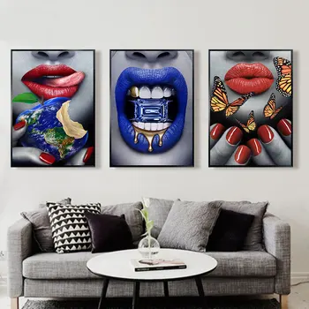 

WANGART Large Art Canvas Jewel Map with Lip Oil Painting Christmas Decorations for Home Modern pictures Poster Print living Room