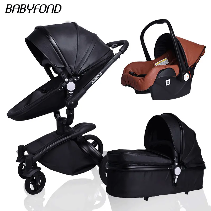 Babyfond, детская коляска, 3 в 1, детская коляска, кожаная, Двусторонняя подвеска, складная, на колесиках, европейская детская коляска, подарок ALUON - Цвет: black and brown