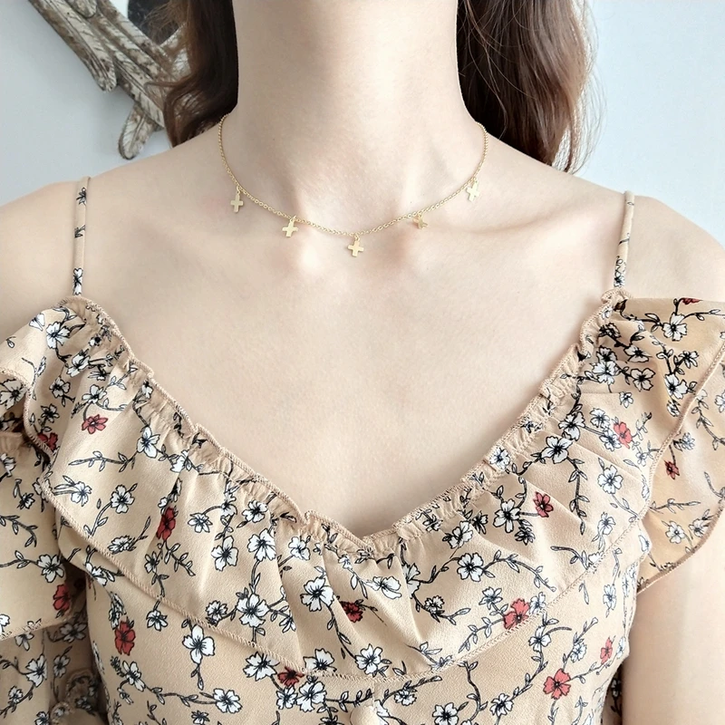 

Korean Five Small Cross Pendants Choker Necklace 925 Sterling Silver Gold Geometric Delicate Women Necklace Girl Luxury Jewelry