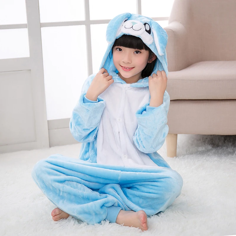 

2018 Winter Pajamas For Boys Girls Kigurumi Pink Blue Cartoon Rabbit Kids Jumpsuit 4 6 8 10 12 Years Children Onesie Sleepwear