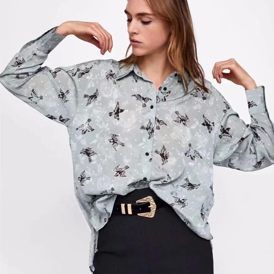 

Hot sale Z0915T13 Europe and America 2018 autumn new printing fastener long sleeve shirt 9030