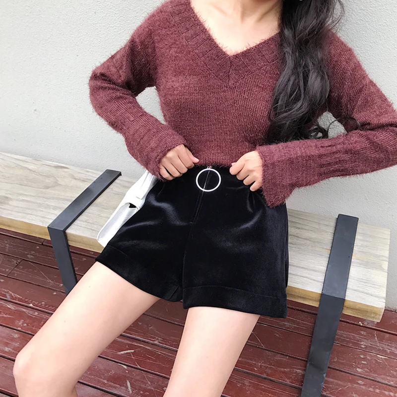 DICLOUD корейские черные шорты женские зимние осенние винтажные с высокой талией короткие женские Harajuku шорты с эластичной талией повседневные шорты