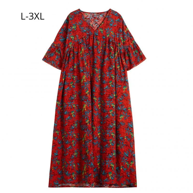 

Fashion Women Half Sleeve V Neck Summer Dress Femme Bohemian Print Cotton Linen Clothing Plus Size 3XL XXL L Women Beach Dresses