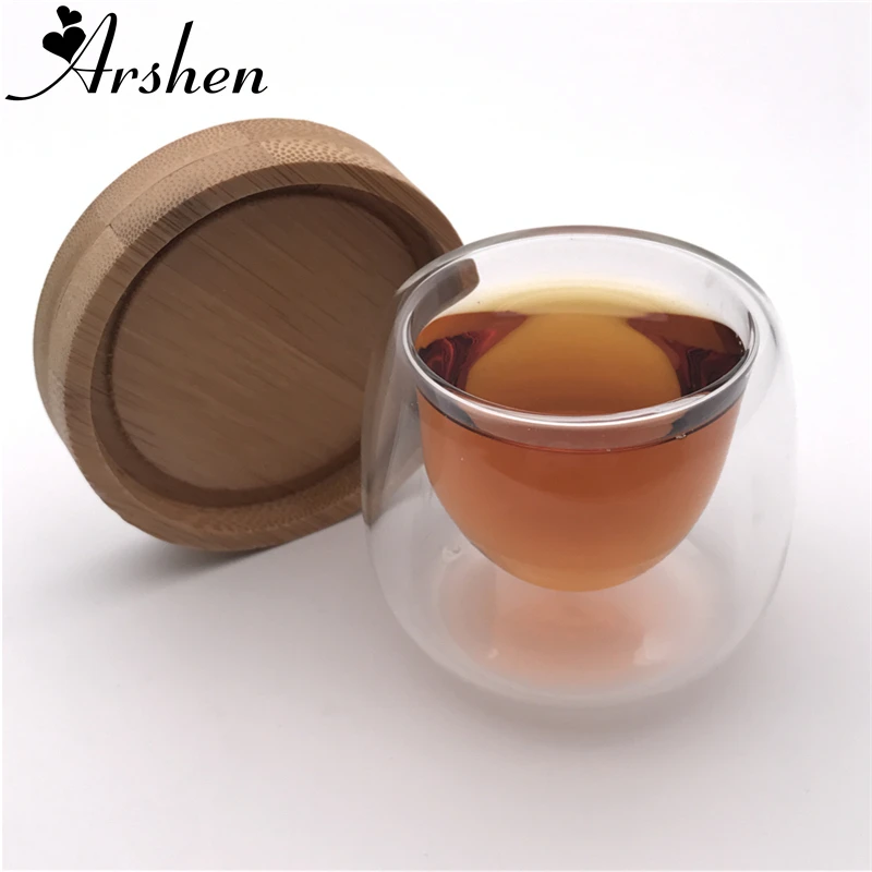 

Arshen 1 Set 80ml Double Wall Glassware Insulated Cup with Bamboo Coasters Handmade Heat Resistant Tea Drink Healthy Coffee Cups