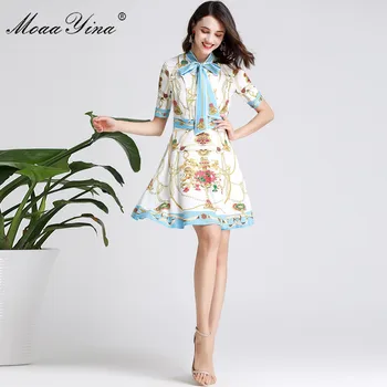 

MoaaYina Fashion Designer Runway dress Spring Summer Women Dress Short sleeve Bow collar Vintage Print Slim Elegant Dresses