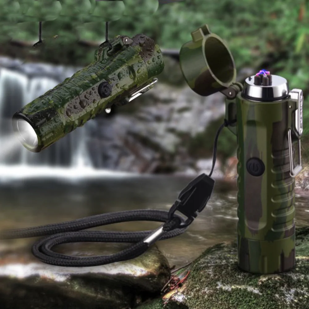  1 PC Outdoor Camping Flashlight LED Light Multi-function USB Lighter Waterproof Double Arc Charging