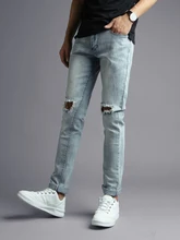 High Street Fashion Men Jeans Light Blue Color Slim Fit Destroyed Ripped Jeans For Men Summer Streetwear Hip Hop Jeans homme