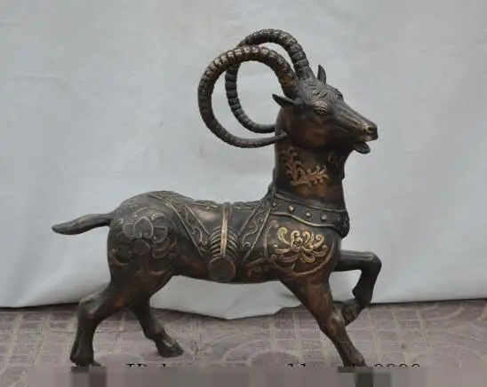 

S00007 21" chinese bronze fengshui wealth money coin lucky sheep goat ram flower statue B0403
