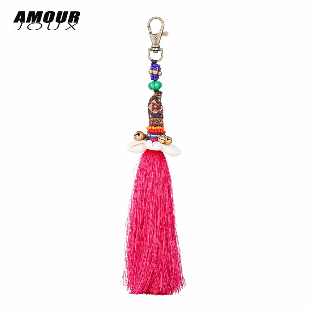 

AMOURJOUX Ethnic Style Long Tassels Handmade Shell Charm Key Chains For Women Men Bohemian Trinket Keyrings Car Keychain