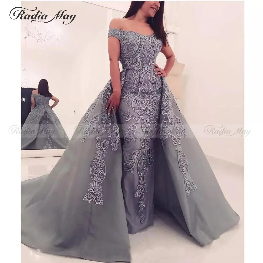 Zilvergrijs Kant Mermaid Arabisch Avondjurk met Afneembare Rok Elegante Off Shoulder Plus Size Vrouwen Dubai Formele Jurken Zilvergrijs Kant Mermaid Arabisch Avondjurk met Afneembare Rok Elegante Off Shoulder Plus Size Vrouwen Dubai Formele Jurken