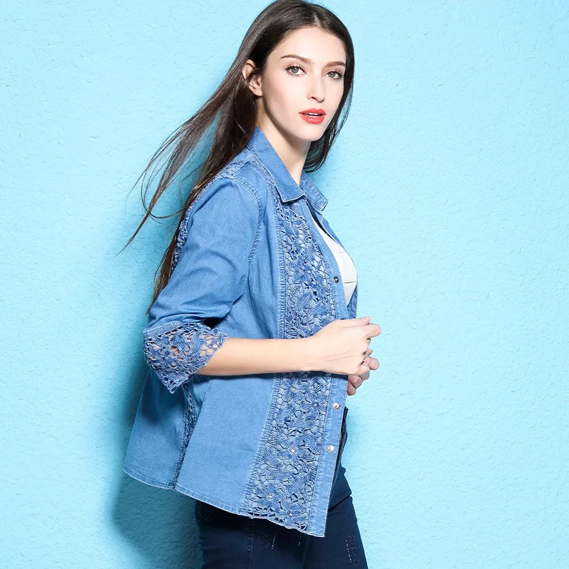 Осенне-зимнее Новое поступление Кружевная блуза женская модная джинсовая рубашка большие размеры блузка для женщин NW17C1273