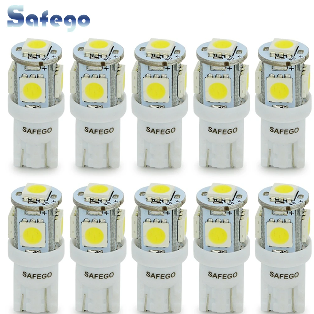 Safego 10X T10 W5W светодиодный лампы 5 SMD светодиодный белого и синего цвета красный желтый и зеленый цвета 5050 194 168 супер яркий Клин лампочки лампы 12V