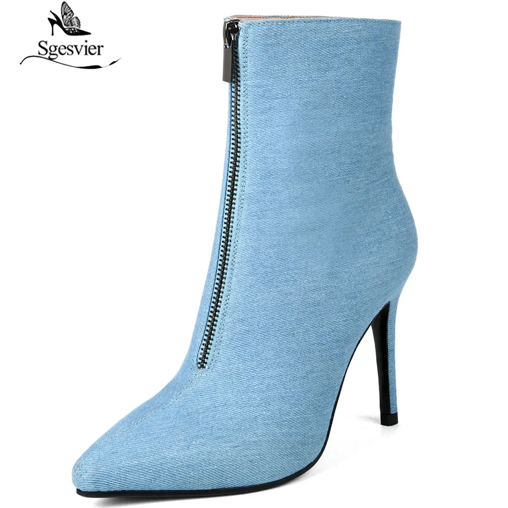 

Sgesvier New 2019 sexy pointed high-heeled ankle boots female spring new denim stiletto zipper catwalk fashion boots Botas B963