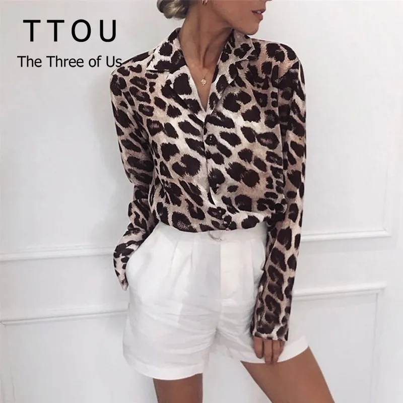 

TTOU Women Blouses Summer Chiffon Leopard Blouse Long Sleeve Turn Down Collar Lady Office Shirt Loose Tops Blusas Chemisier