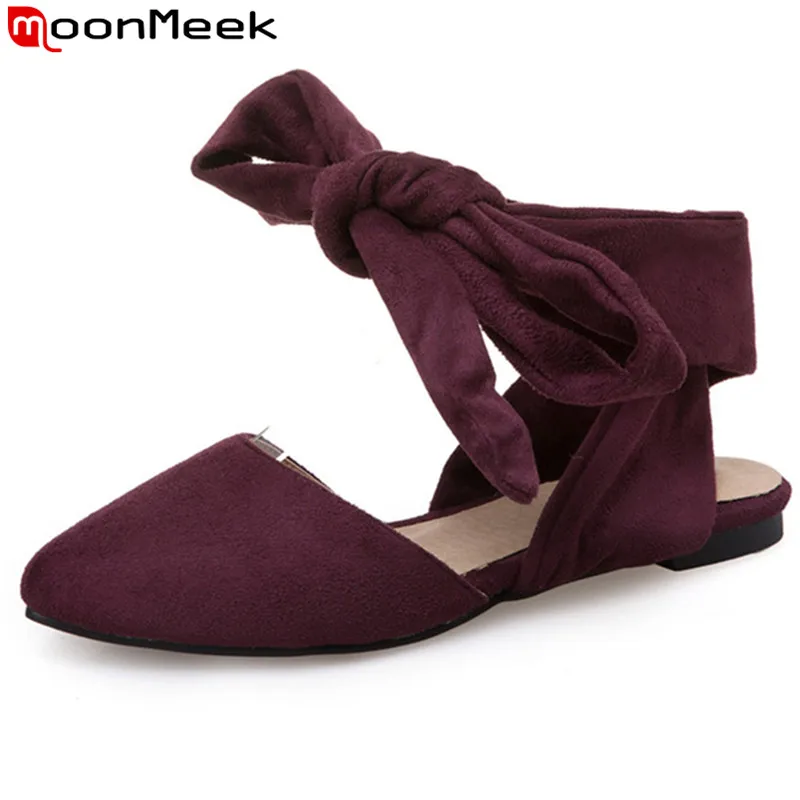 

MoonMeek 2018 summer new arrive women flats fashion flock lace up flats shoes simple comfortable solid color college style