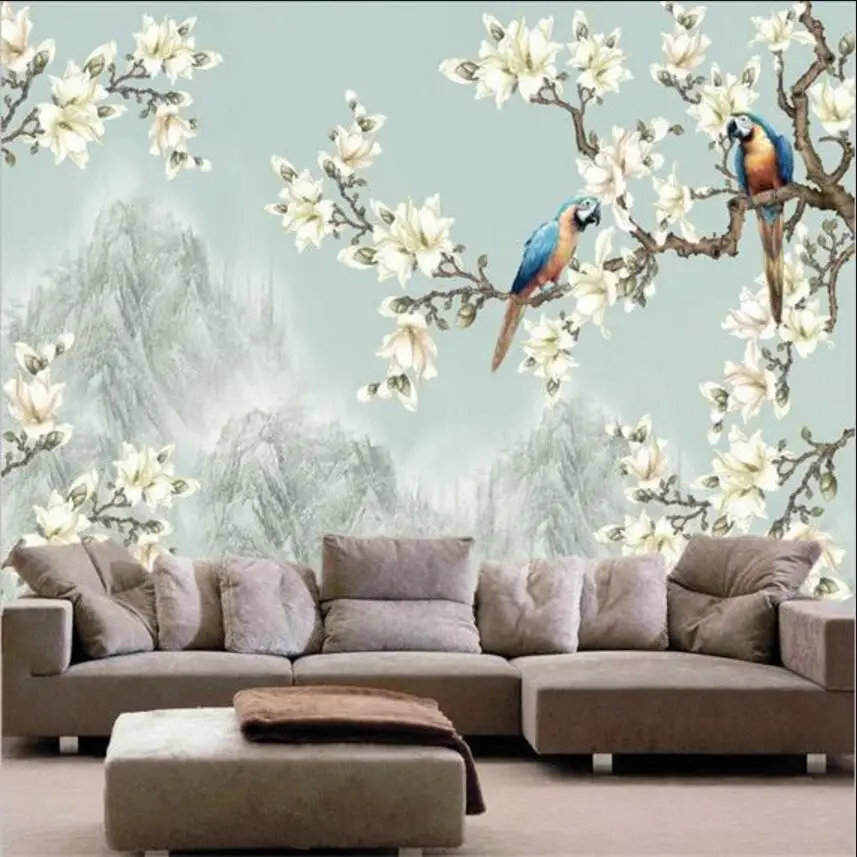 Chinese designs wash painting white flower and parrots wall mural sofa