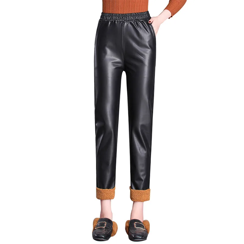 

MOBTRS MOBTRS 2018 New Women Velvet Pants Female PU Leather Pants High Waist Warm Winter Sexy Slim Plus Size Trousers Woman