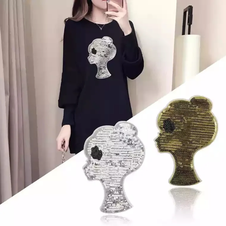 1pc Large Beauty Alien sequined embroidery patch clothes decorative dress appliques DIY Lady Girl Head patches Iron on | Дом и сад