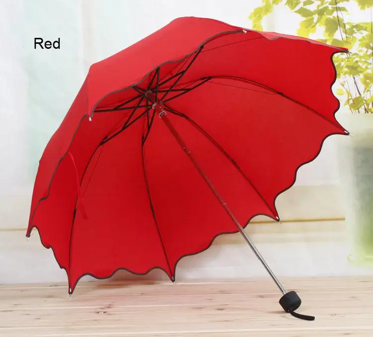 Неавтоматический тройной складной зонт от дождя женский складной милый кружева с оборками женский зонты для взрослых многоцветный Водонепроницаемый - Цвет: Red