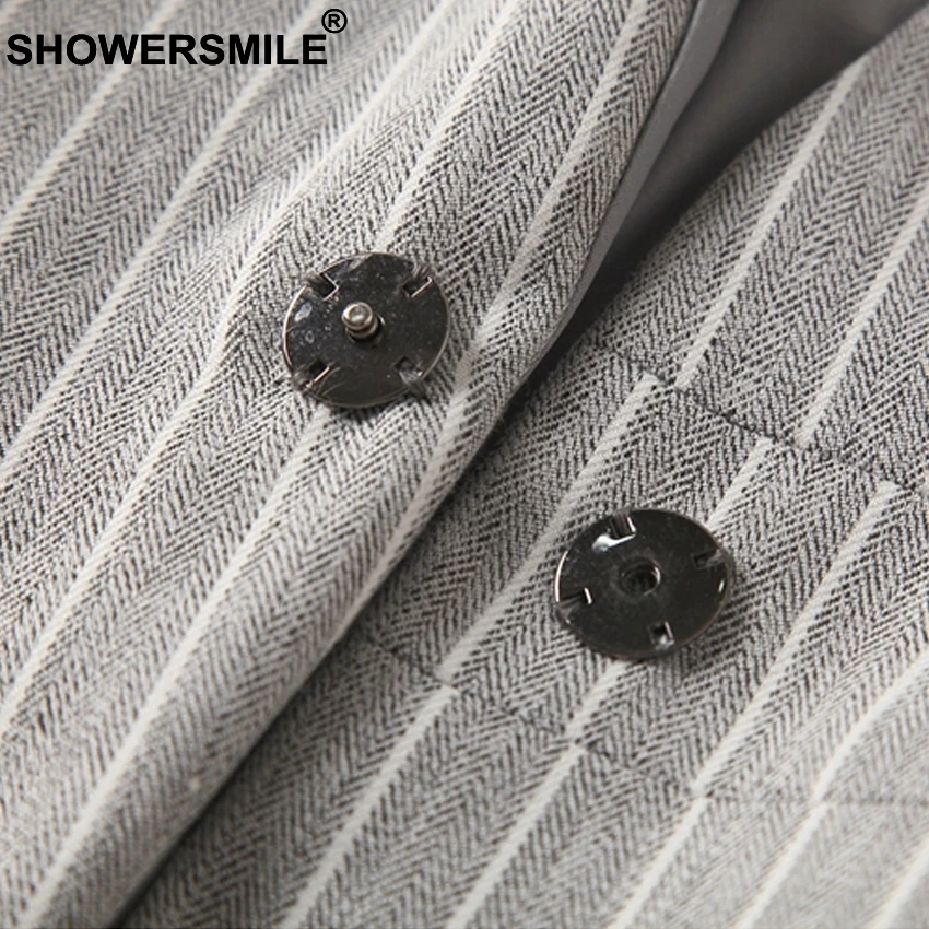 SHOWERSMILE Navy Vest Female Short Linen Striped Women Waistcoat Sleeveless Blazer Vest For Women Spring Elegant Ladies Gilet