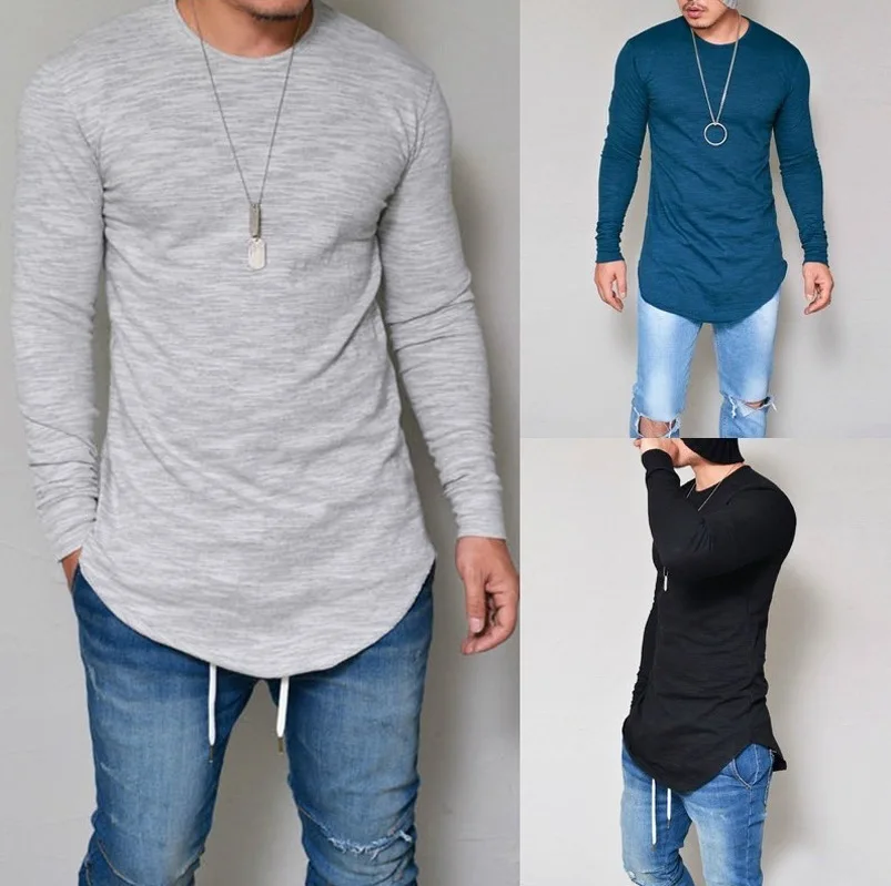

2019 Men Tee Summer&Autumn Fashion Irregular Slim Elastic Soft Solid O Neck Long Sleeve Men T Shirts Male Fit Tops Tee Clothings