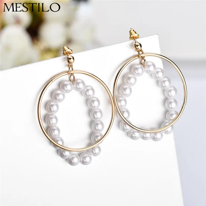 

MESTILO Korean Fashion Design Geometric Exquisite Imitation Pearls Earrings Gold Metal Big Round Circle Hoop Earrings For Women