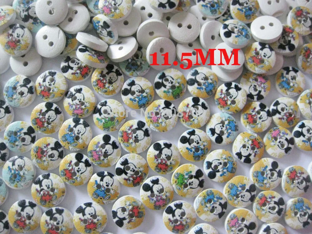 180Pcs Natura Color Mickey Printed Wooden Cartoon Buttons 11.5mm 2