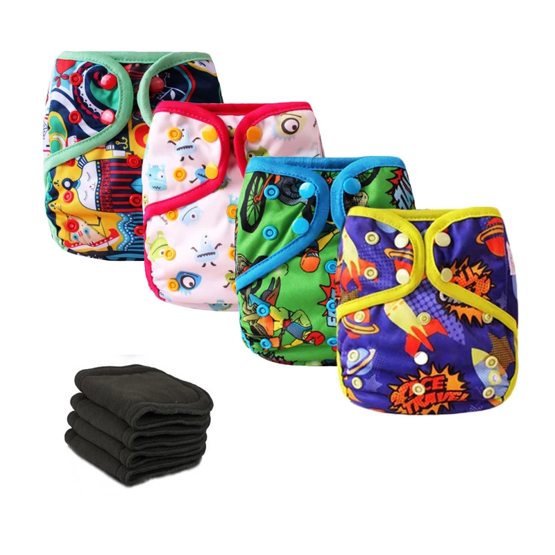 

4pcs/lot Reusable Pocket Diapers Cloth Diaper Cover Newborn Baby Waterproof Nappies With 4pcs 5layers Bamboo Charcoal Inserts