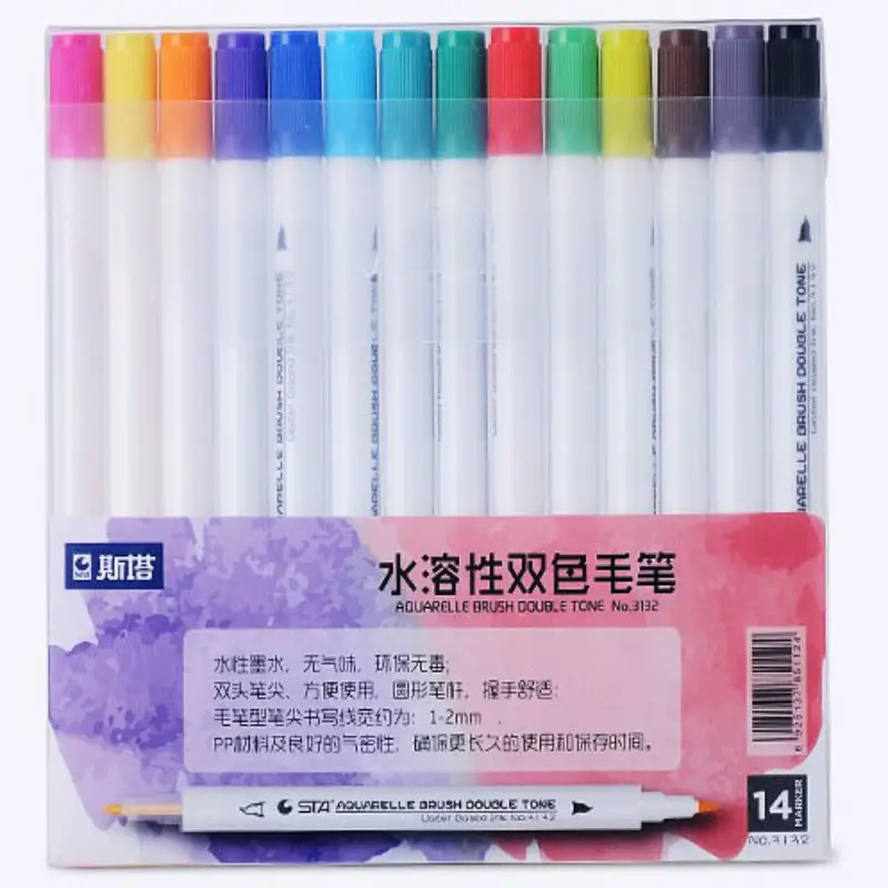 

14Pcs STA 28Colors Water Soluble Two-color Soft Head Mark Pen Watercolor Pigment Pen Art Design Pen Cartoon Hand-painted Brush