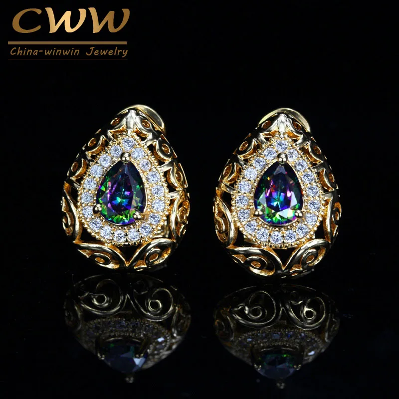 

CWWZircons Dazzling Mystical Fire Crystal Jewelry Hollow Out Yellow Gold Color Oval Cubic Zirconia Earrings For Women CZ358