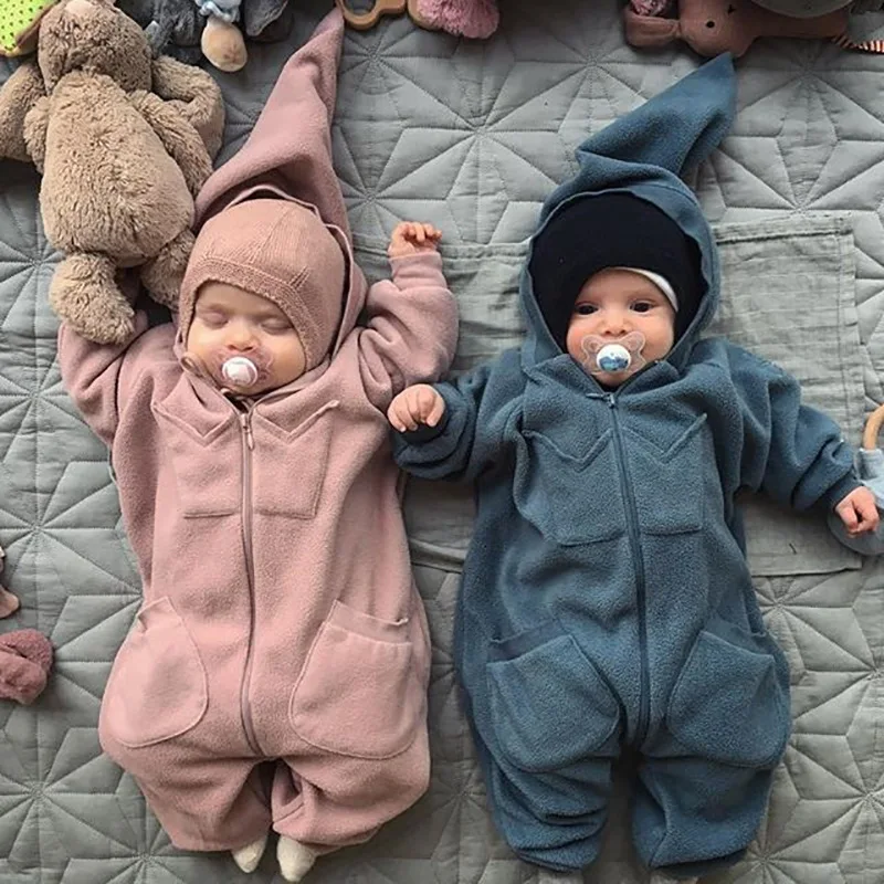 Осенне-зимние однотонные флисовые комбинезоны с капюшоном и длинными рукавами для маленьких девочек, повседневные комбинезоны для новорожденных, детская одежда