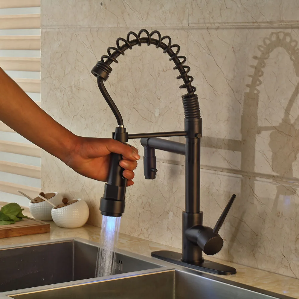 

Oil Rubbed Bronze LED Spout Kitchen Sink Faucet Sharp Handle Mixer Tap With Cover Plate