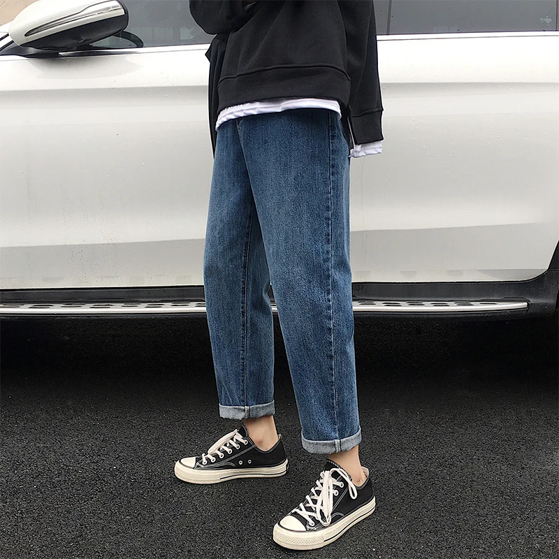 

Men's Jeans Solid Color Slim Nine Jeans Trend Straight Long Pants Students Loose Wild Retro Streetwear Jeans Men 2019 Summer New