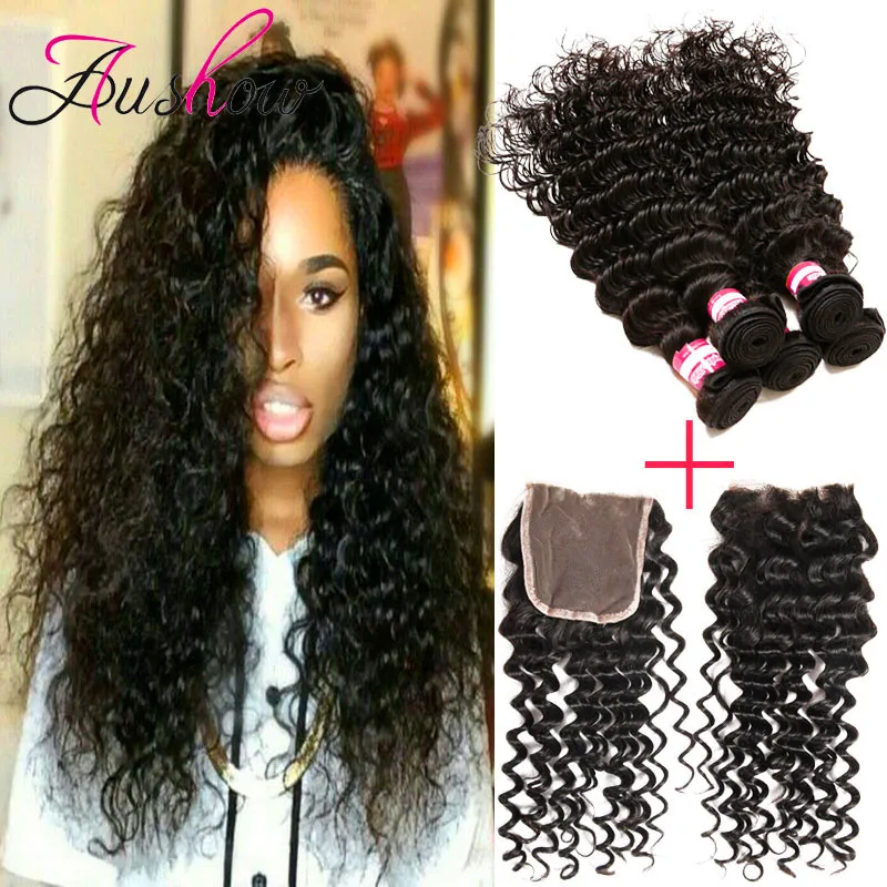 Brazilian Deep Wave With Closure 8a Virgin Hair 4 Bundles Curly |