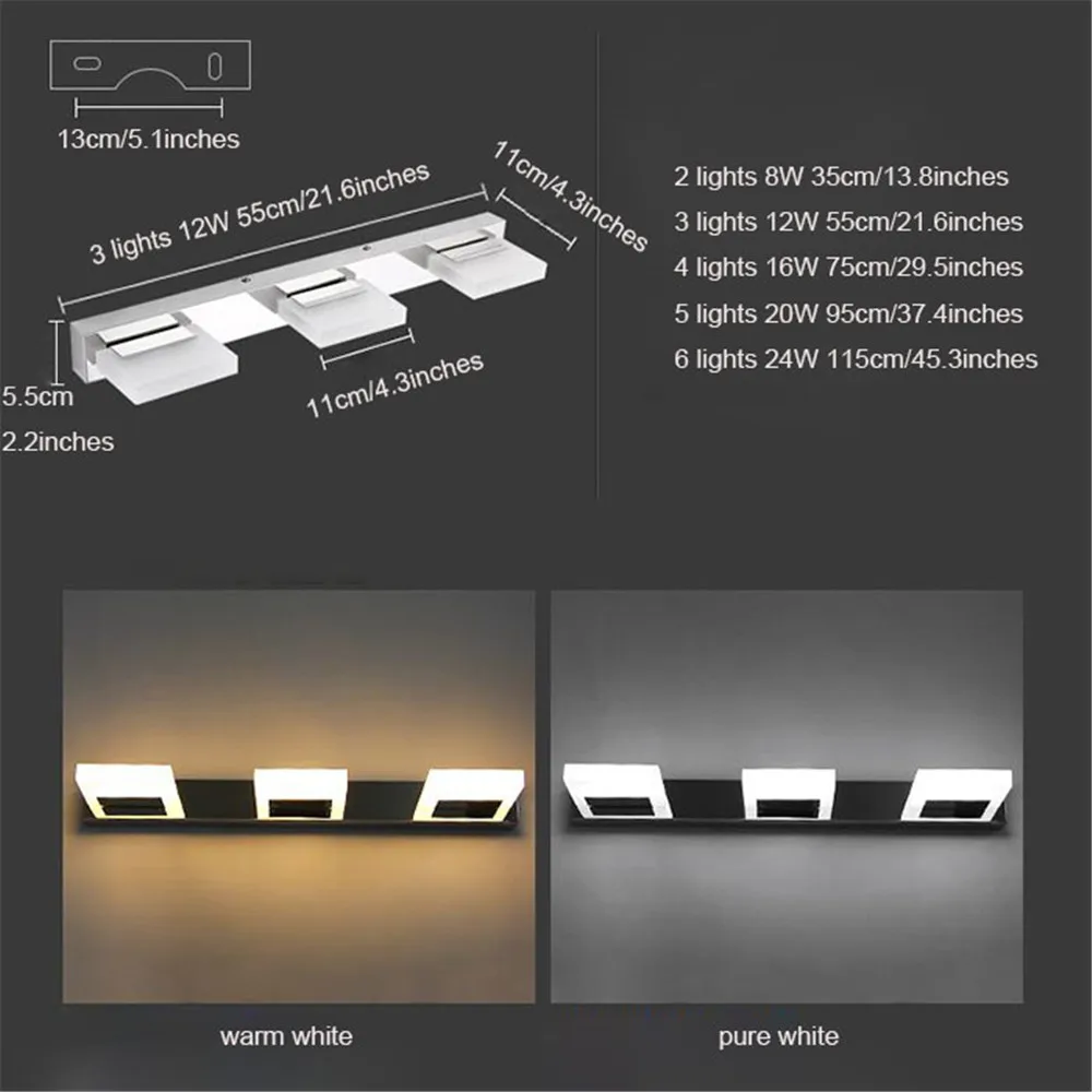 Najtaniej Oświetlenie LED vanity lampa LED nad lustro L35 55 75 95 115 cm nowoczesna kosmetyczna akrylowa lampa ścienna wodoodporne oświetlenie łazienki kinkiety