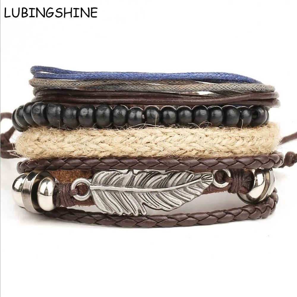 

LUBINGSHINE Braided Wax Rope Bracelets Men Multilayer Strand Beads Angel Wings Bracelet Bangle Steampunk Male Jewellery