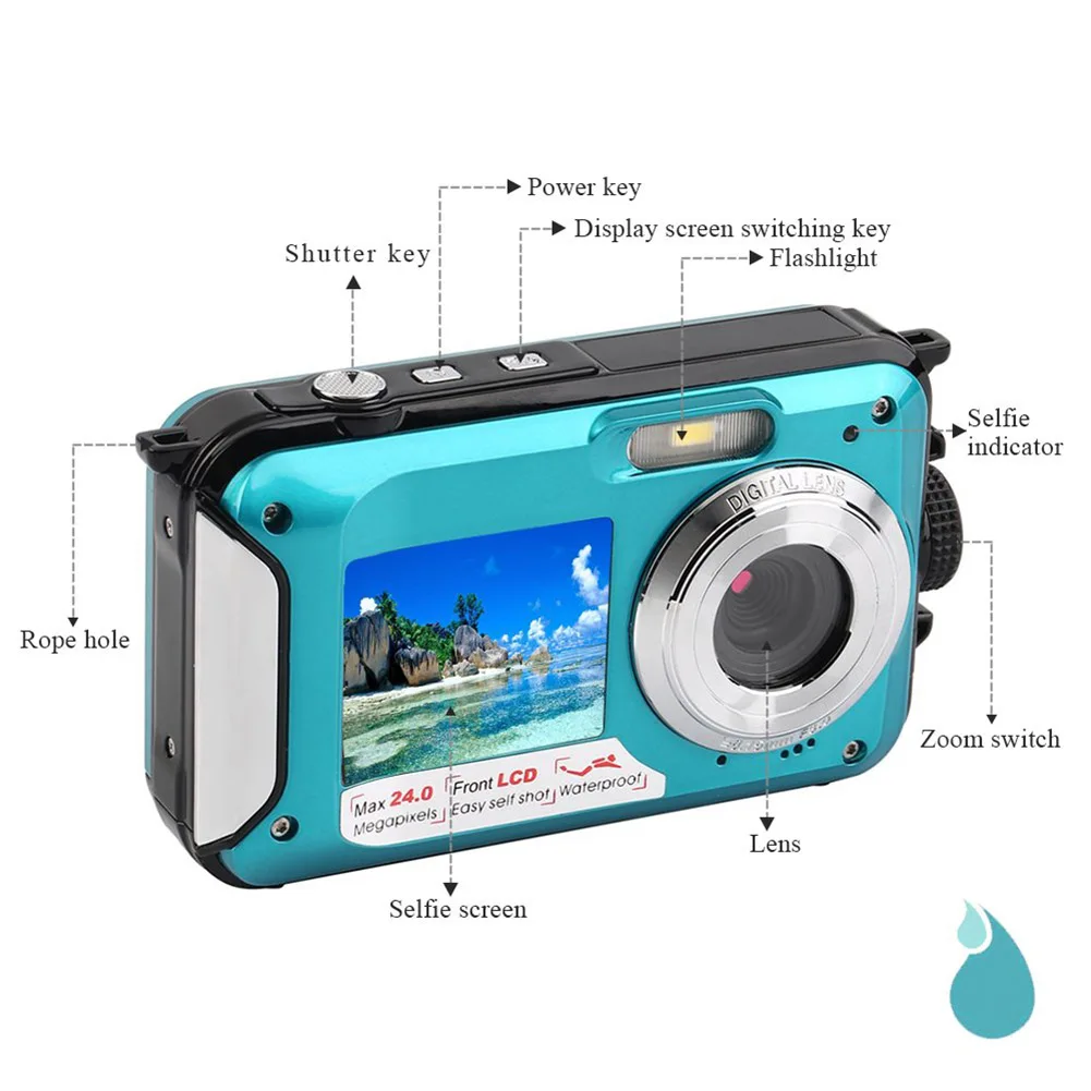 

Waterproof Digital Camera 1080P Full HD 24MP Selfie Dual Screen Video DV Recorder WIF66