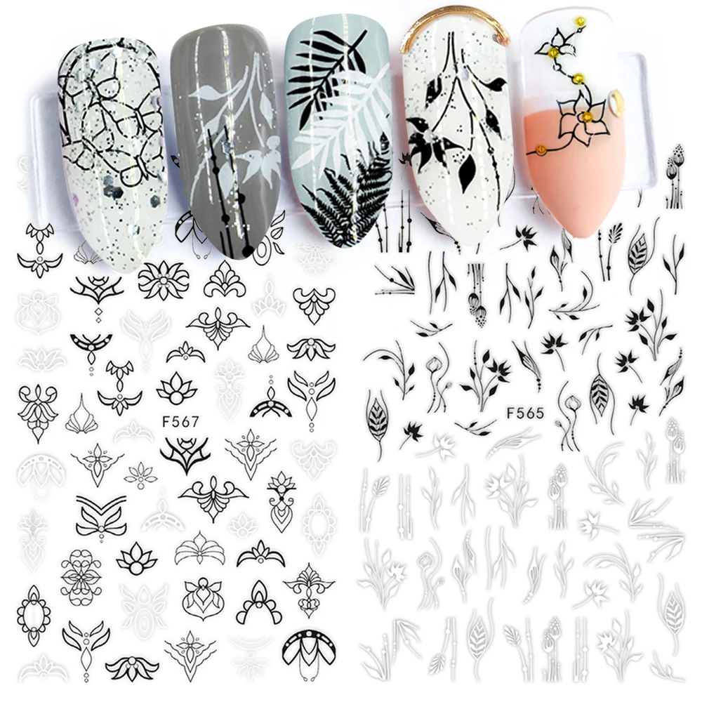 

Black White 3d Nail Sticker Floral Jewelry Geometry Adhesive Full Wraps Tattoos Tips Nail Slider Decoration Manicure SAF564-573