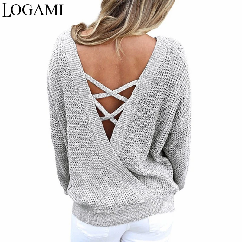 

LOGAMI V Neck Backless Long Sleeve Women Sweaters And Pullovers Knitted Christmas Sweater Pullover Fall 2017 Fashion