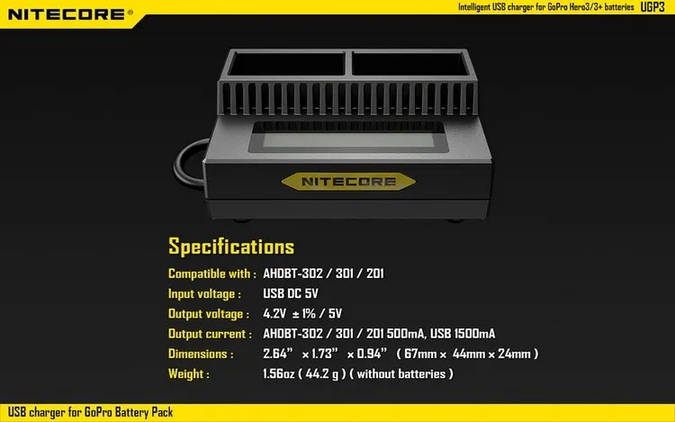 Nitecore UGP3 интеллигентая(ый) Зарядное устройство USB Зарядное устройство для HERO3/3+ батареи ЖК-дисплей дисплей USB DC 5 V