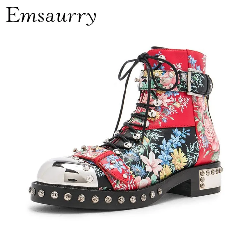 

Punk Style Colorful Printed Color Motorcycle Boots Studded Buckle Cross-tied Metal Decor Rivet Ankle Boots Women