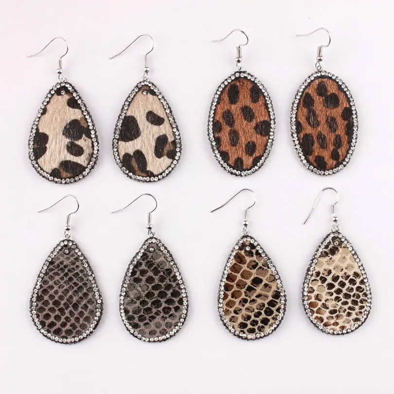 

ZWPON 2019 New Rhinestone Surround Paved Faux Snakeskin Leather Teardrop Earrings for Women Oval Dangle Animal Print Earrings